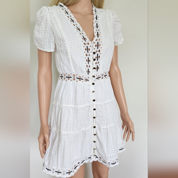 RAHI WHITE BLACK EMBROIDERED CAP PUFF SLEEVES SHORT MINI COTTON DRESS MEDIUM - Picture 8 of 15